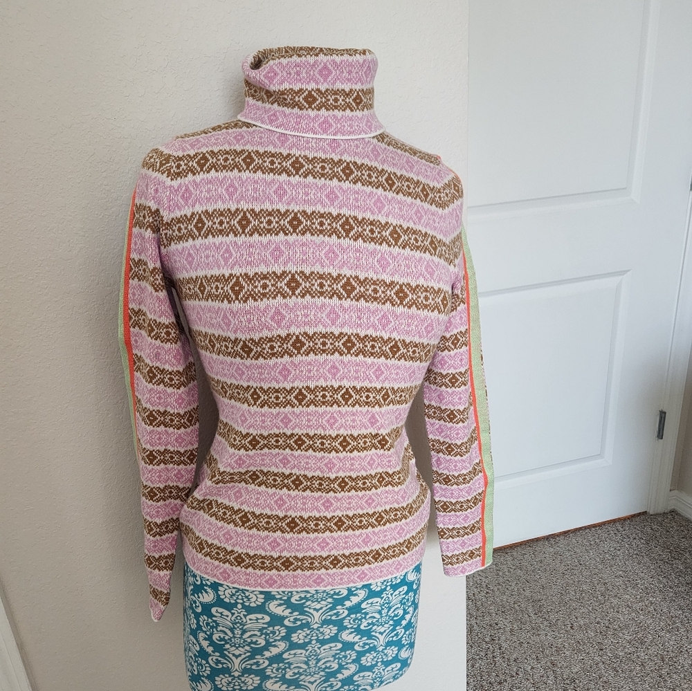 Anthropologie Pink and Brown Striped Turtleneck with Multicolor Sleeve Detail